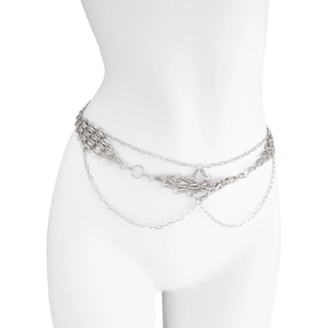 Detail of multi-layer silver metal waist chain with vintage diamond woven tassel fringe
