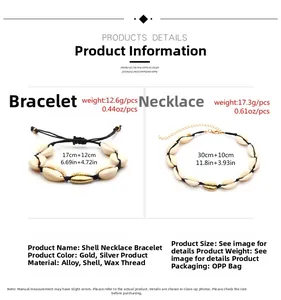 Detailed view of handmade shell necklace and bracelet set with golden alloy accents