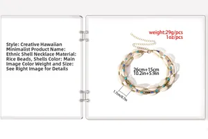 Detailed view of layered shell necklace with colorful beads and product dimension specs