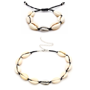 Detail of handmade bohemian shell necklace and bracelet set with black wax cord ties