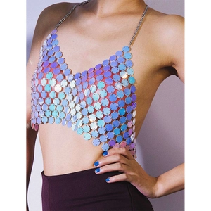 Holographic sequin halter top body chain with colorful round discs for party wear