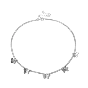Detail of silver butterfly choker necklace with five charms and adjustable chain clasp