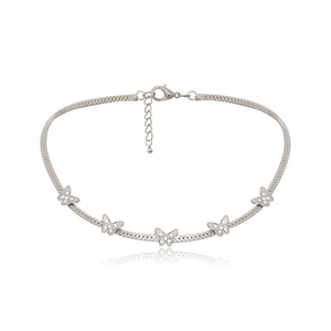 Detailed view of silver butterfly choker with snake chain and sparkling rhinestones