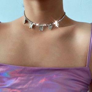 Elegant silver butterfly choker necklace with sparkling rhinestones for women