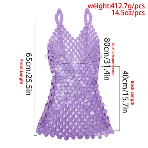 Tableau des tailles détaillé pour robe chaîne à paillettes mauves avec mesures précises