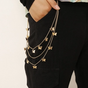 Three-layer gold butterfly waist chain and hip hop pant chain for women on black jeans
