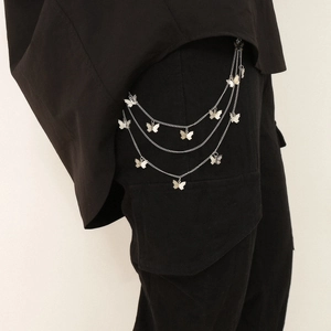 Three-layer punk butterfly waist chain in silver metal for hip-hop streetwear style