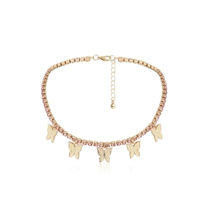 Elegant gold butterfly pendant necklace with pink rhinestone tennis chain and lobster clasp