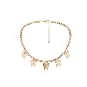Detail of gold butterfly choker with row of clear rhinestones and adjustable lobster clasp