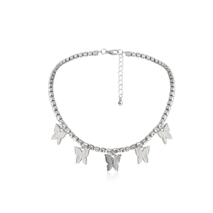 Detailed view of silver butterfly choker with crystal pavé and lobster clasp closure