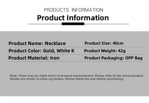 Detail view of 40cm iron chain necklace specs in gold and silver showing 42g weight