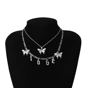 Detail of silver double-layer butterfly choker with LOSE letter pendants on a black stand