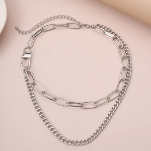 Minimalist silver double layer paperclip and curb chain necklace with a key lock pendant