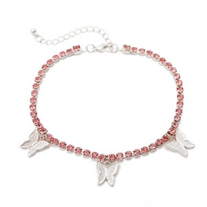 Detail view of pink rhinestone butterfly chain necklace with silver metal finish
