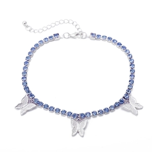 Detail view of silver butterfly necklace with blue rhinestones and lobster clasp