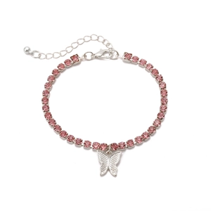 Detail of silver butterfly necklace with round cut pink crystals and lobster clasp