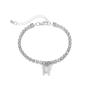 Detail of silver butterfly necklace with crystal tennis chain and lobster clasp closure