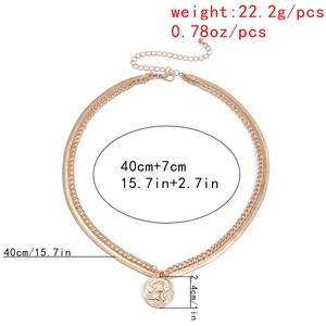 Detailed size chart for gold snake chain necklace with embossed angel coin pendant charm