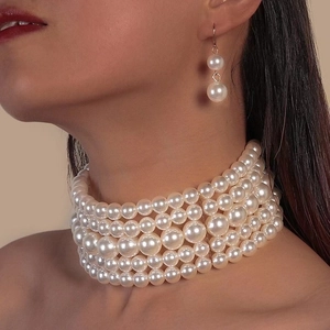 Collar Gargantilla Bohemio de Múltiples Capas de Imitación de Perla Artificial para Mujer Vintage Elegante Chapado en Oro Plata Joyas de Boda