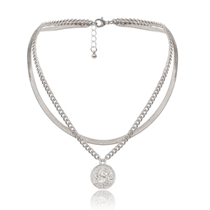 Detail of silver double-layer snake chain with angel coin pendant and lobster clasp