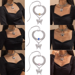 Mode Legierung Strass Mehrlagige Halskette Set Großer Schmetterling Anhänger Bunte Edelstein Panzerkette Damen Party Schmuck