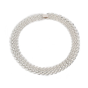Punk silver wide mesh chain choker necklace with five-row link design on white background