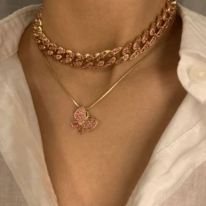 Doppelschichtige Schmetterling Anhänger Halskette Legierung Gold Silber Plattiert Panzerkette Rosa Transparent Strass Schmuck Für Damen