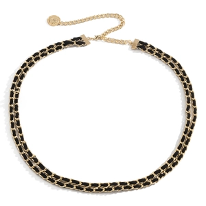 Ceinture chaîne dorée à plusieurs rangs avec cuir tressé noir et pendentif pièce