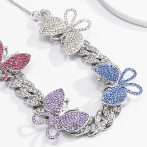 Hip hop silver Cuban chain necklace with four colorful rhinestone butterfly pendants