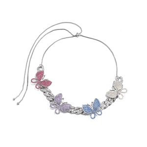 Hip hop silver Cuban link necklace featuring colorful rhinestone encrusted butterflies