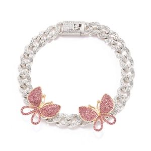 Hip hop silver Cuban chain anklet with pink butterfly pendants and shiny rhinestones