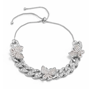 Sparkling silver butterfly Cuban chain anklet with full diamond pavé for women