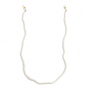 Elegante catena di perle bianche per occhiali con fermagli dorati e passanti in silicone