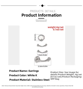 Ficha técnica detallada de un set de cuatro piezas de joyería para piercing en acero inox