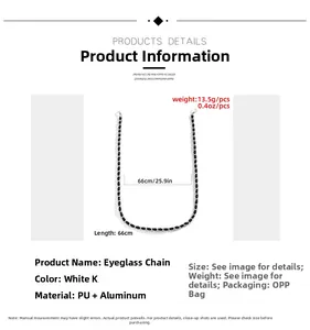Détail d'une chaîne de lunettes punk en cuir PU et aluminium argenté de 66 cm avec spécifications