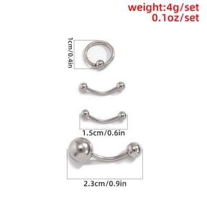 Set de piercings plateados con medidas para aro, barras curvas y joya de ombligo