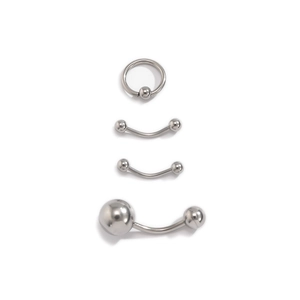Set de 4 piercings de acero inoxidable plateado con anillo BCR y barras curvas pulidas