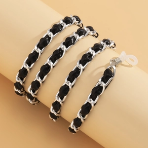 Chaîne argentée style hip-hop avec cuir PU noir pour lunettes de soleil et masques