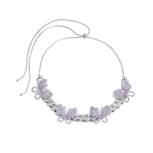 Hip hop Cuban chain necklace with purple rhinestone butterfly charms and adjustable slide clasp
