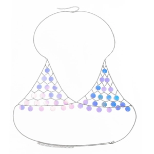 Sexy silver metal body chain with iridescent sequins in a bohemian festival style