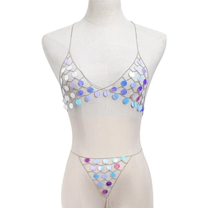 Sexy silver chain body jewelry set with colorful laser sequins for beach or party wear