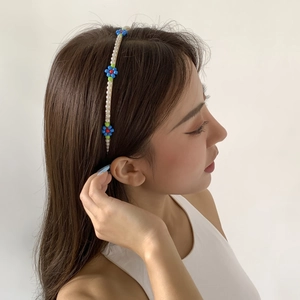 Pastoral Style Women Imitation Artificial Pearl Flower Headband Gold Metal Base Fresh Colorful Daisy Beaded Hair Band Sweet Handmade Hair Accessories