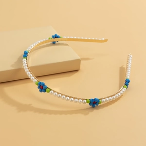 Pastoral daisy floral headband with faux pearls and gold metal wrap for women
