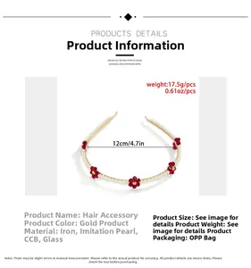 Detailed view of daisy headband showing dimensions 12cm and weight 17.5g with pearls