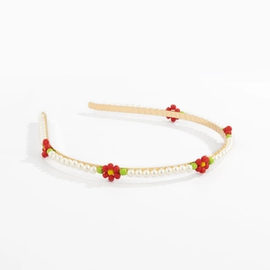 Floral beaded headband with white imitation pearls and colorful daisies on gold alloy