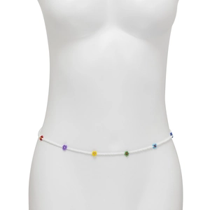 Detail view of handmade Bohemian daisy flower waist chain with colorful seed beads