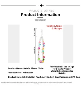 Detail of beaded phone strap featuring imitation pearls, colorful charms, and BABY letter beads