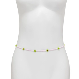 Detail of pink seed bead body chain with small daisy flower patterns on white mannequin