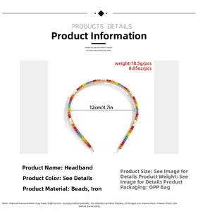 Detail view of woven colorful seed bead headband showing product weight and size parameters