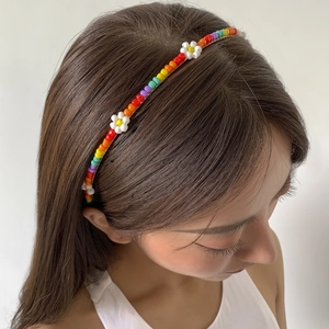 Women Pastoral Hand-Woven Colorful Beads Daisy Flower Headband Sweet Bohemian Floral Hair Hoop Party Jewelry Accessory